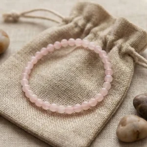 Pulsera de cuentas de cuarzo rosa natural sobre bolsa de regalo de yute