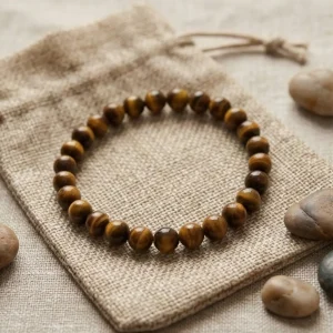 Pulsera de ojo de tigre con cuentas redondas sobre bolsa de yute natural